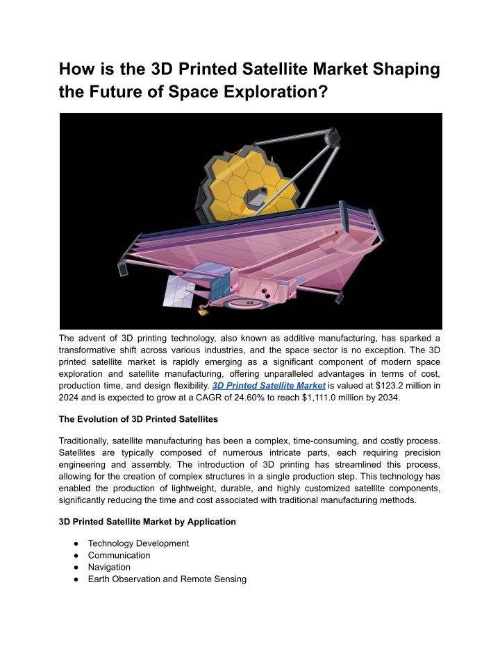 how is the 3d printed satellite market shaping n.w