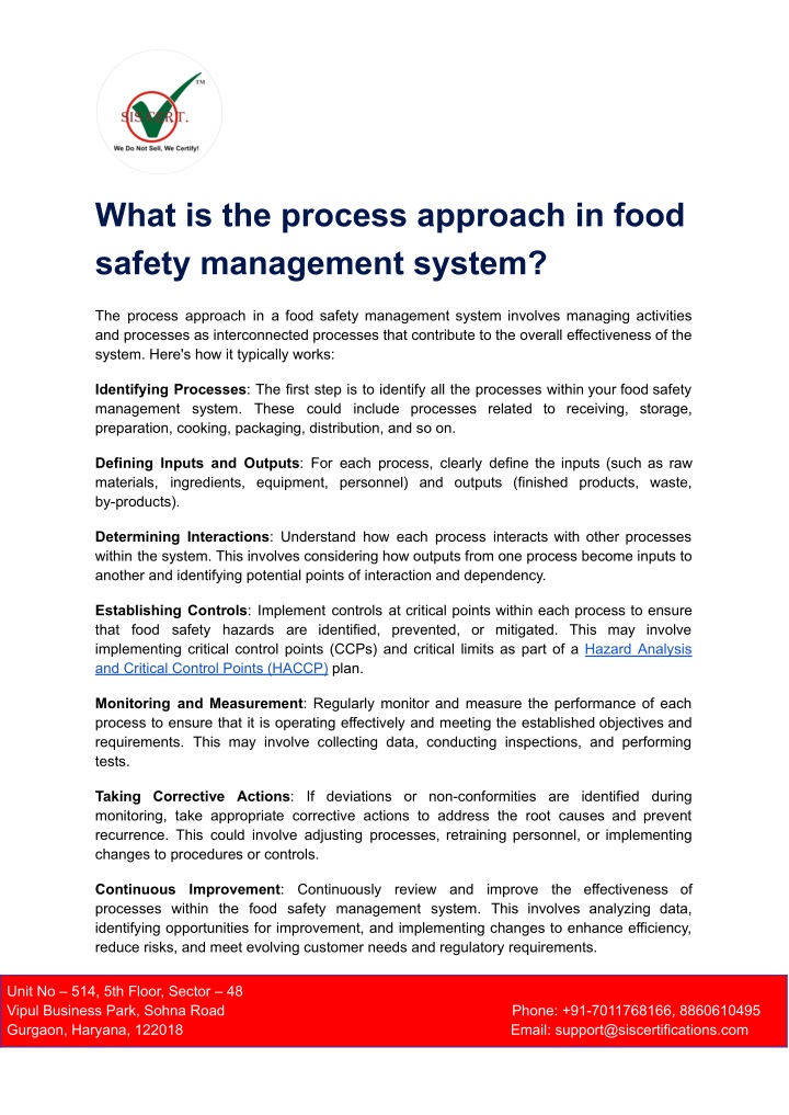what is the process approach in food safety n.w