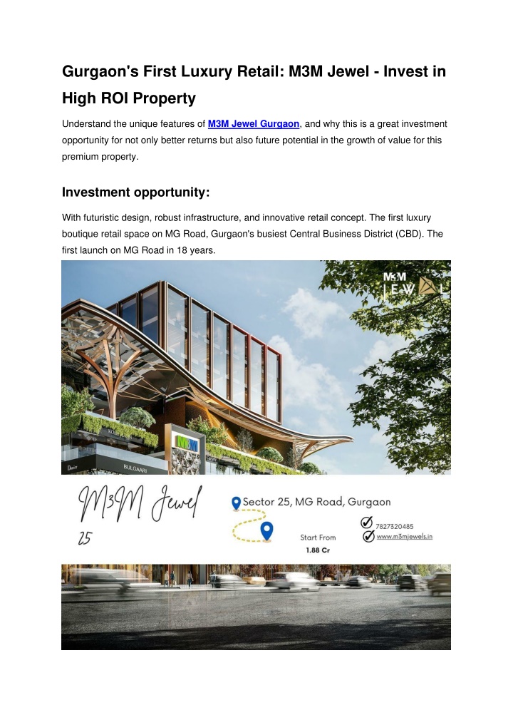gurgaon s first luxury retail m3m jewel invest in n.w