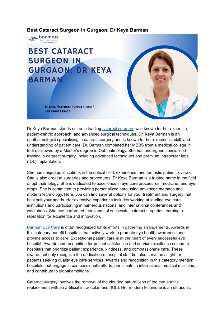 best cataract surgeon in gurgaon dr keya barman n.w