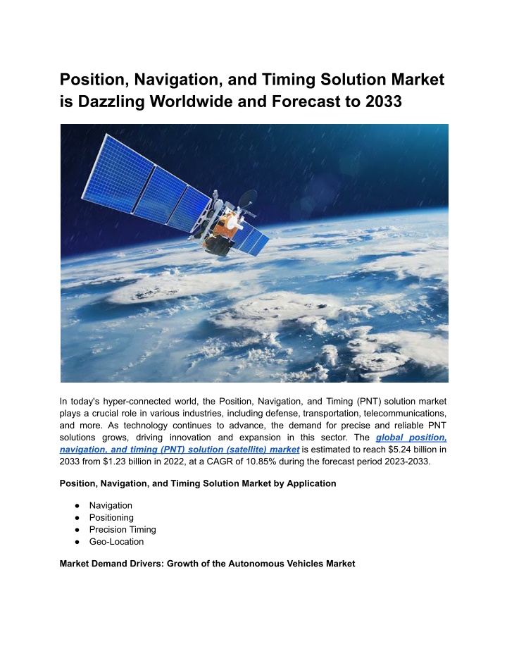 position navigation and timing solution market n.w