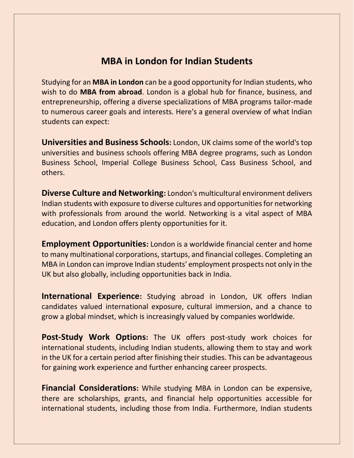 mba in london for indian students studying n.w