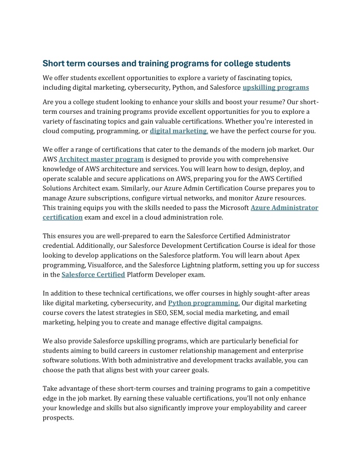 short term courses and training programs n.w