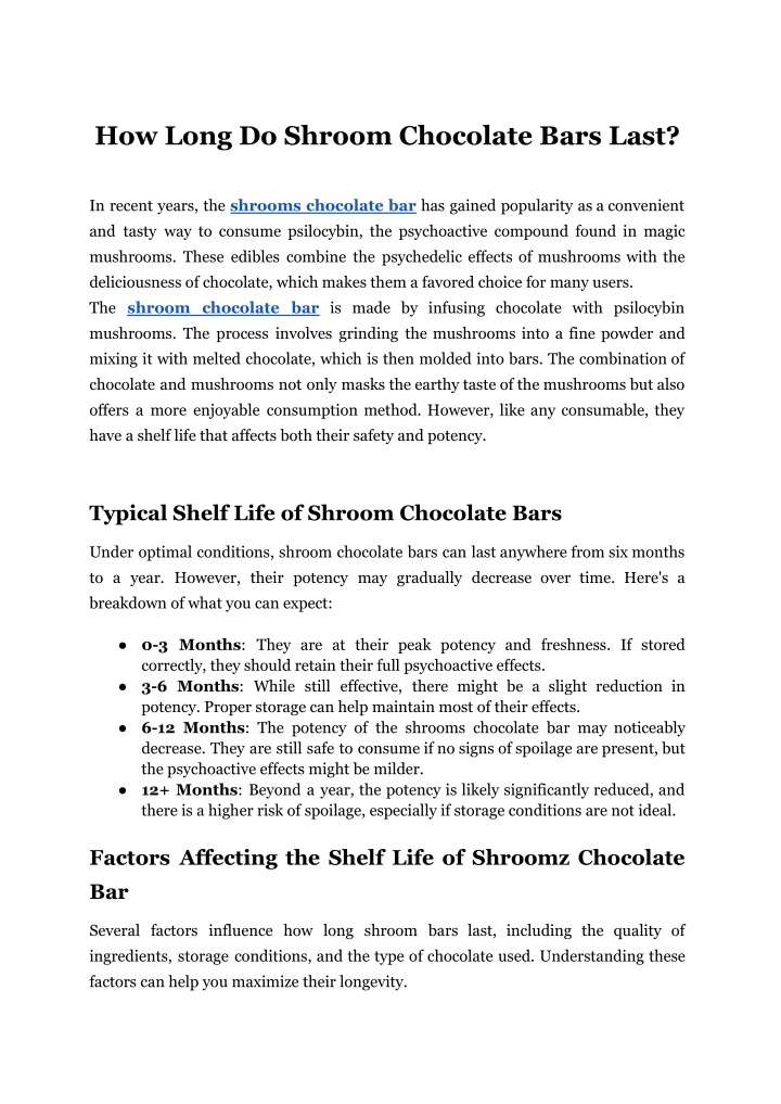 how long do shroom chocolate bars last n.w