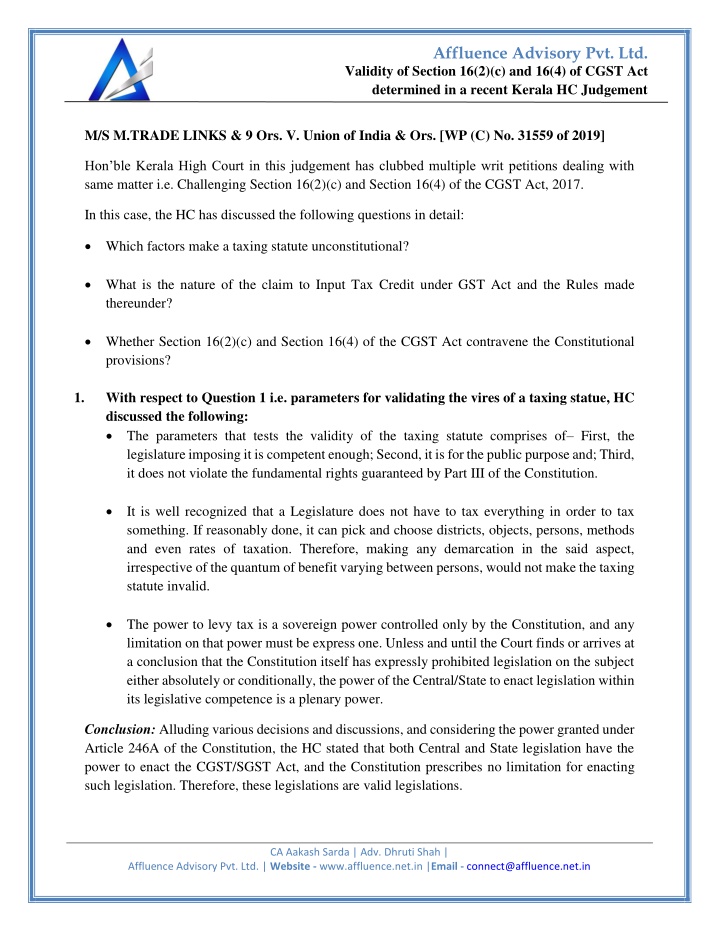 affluence advisory pvt ltd n.w