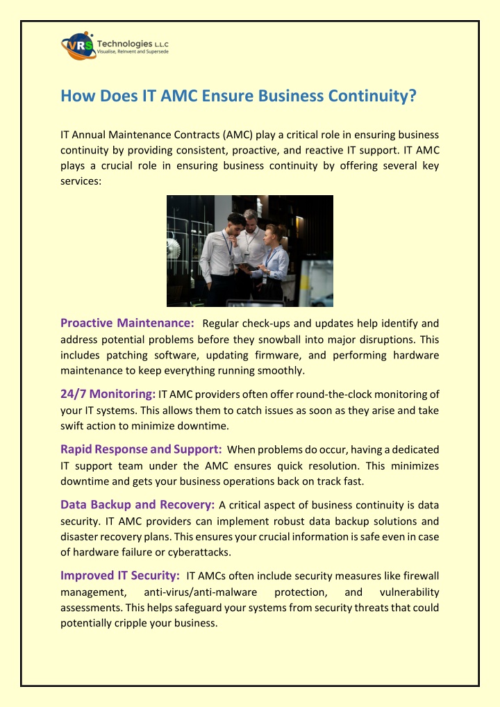 how does it amc ensure business continuity n.w