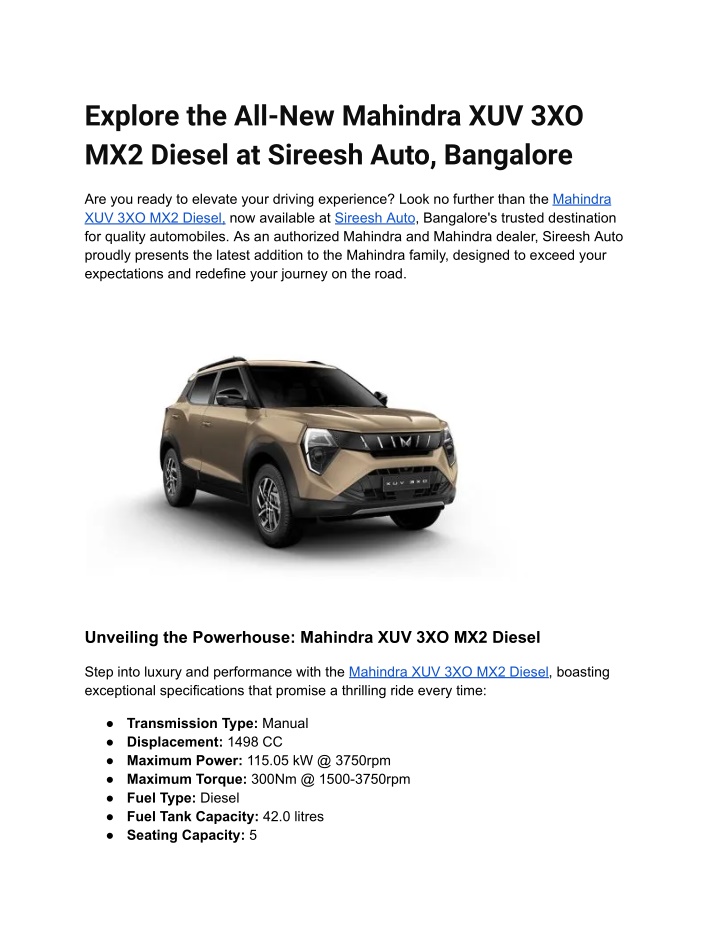 explore the all new mahindra xuv 3xo mx2 diesel n.w