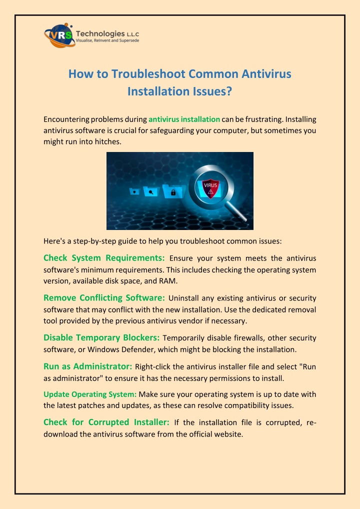 how to troubleshoot common antivirus installation n.w
