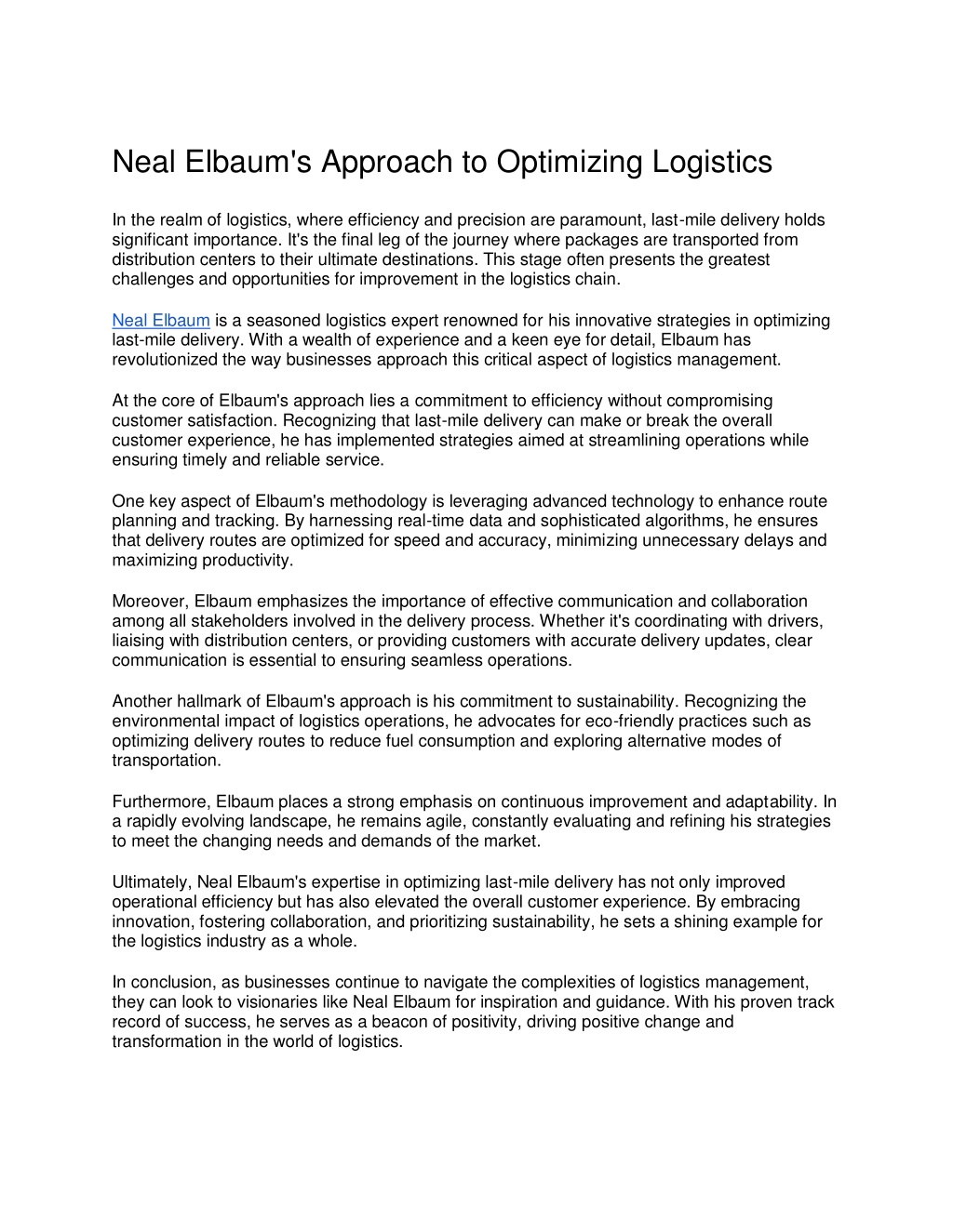neal elbaum s approach to optimizing logistics l.w