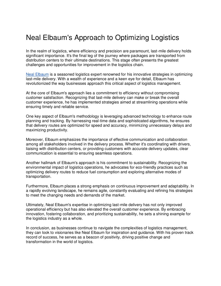 neal elbaum s approach to optimizing logistics n.w