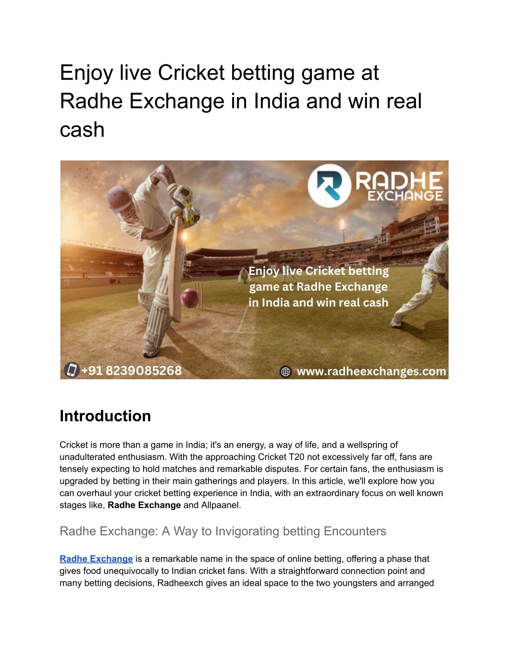 enjoy live cricket betting game at radhe exchange l.w