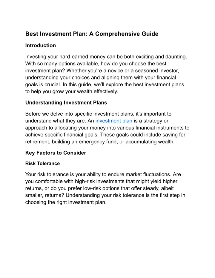 best investment plan a comprehensive guide n.w