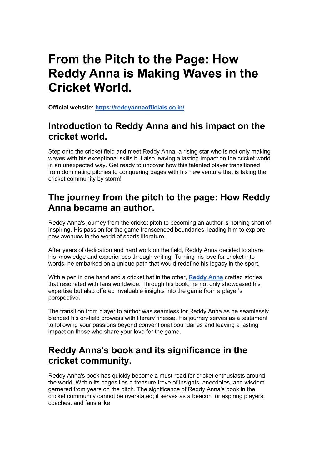 from the pitch to the page how reddy anna l.w