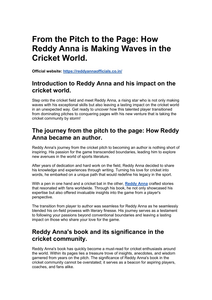 from the pitch to the page how reddy anna n.w