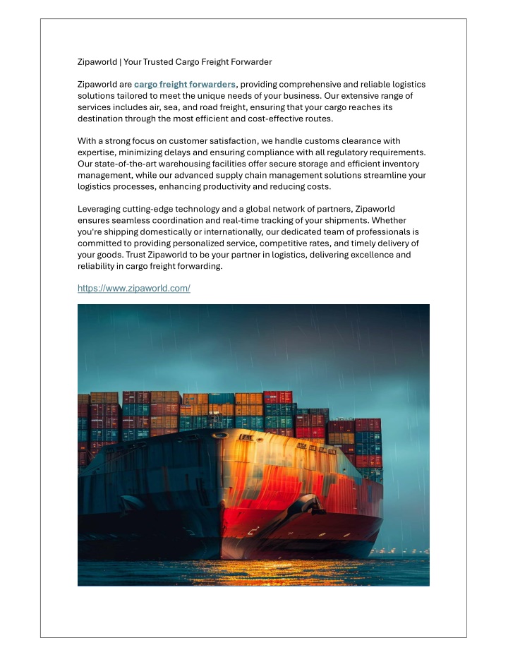 zipaworld your trusted cargo freight forwarder n.w