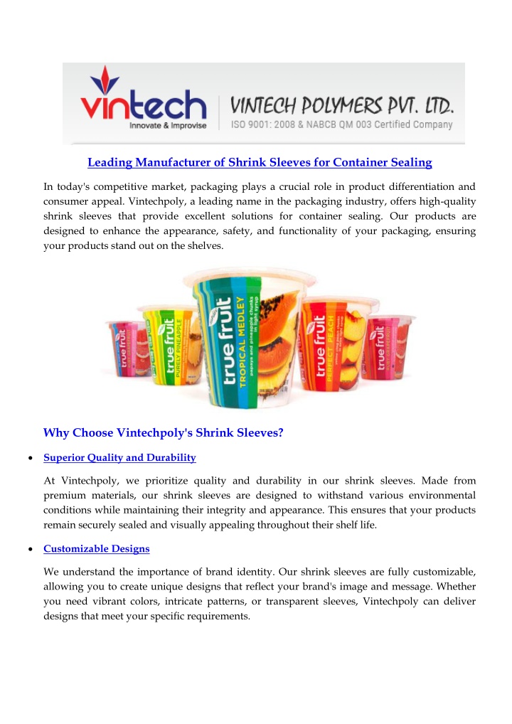 leading manufacturer of shrink sleeves n.w