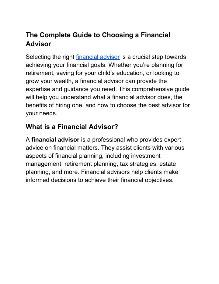 the complete guide to choosing a financial advisor n.w