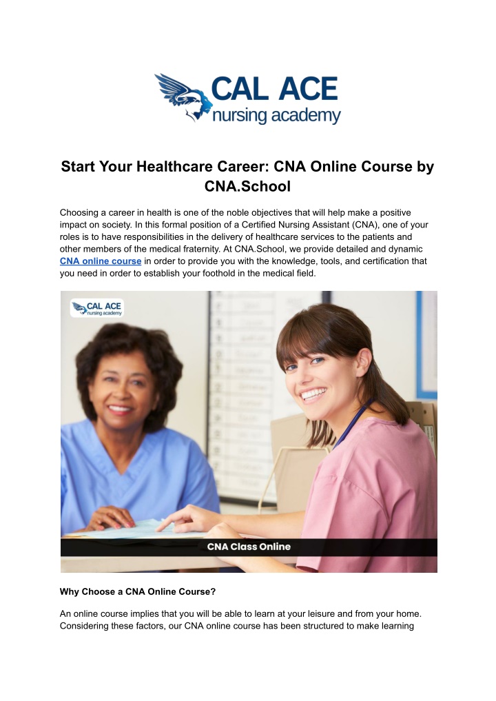 start your healthcare career cna online course n.w