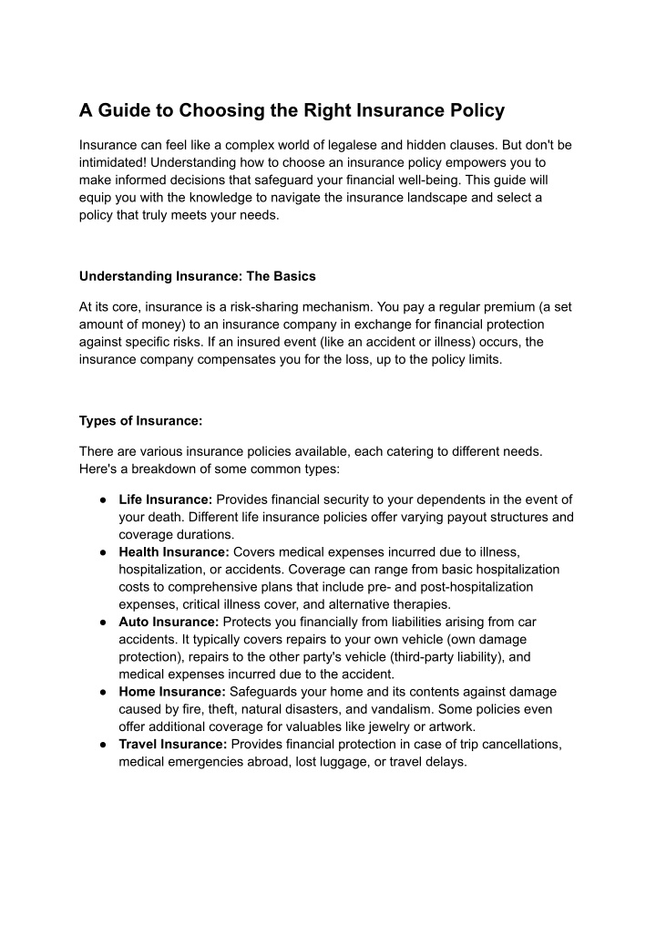 a guide to choosing the right insurance policy n.w