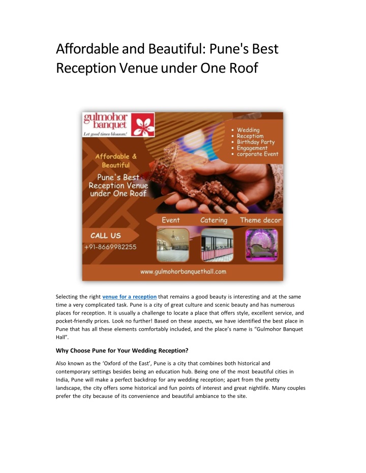 Affordable and Beautiful Pune's Best Reception Venue under One Roof