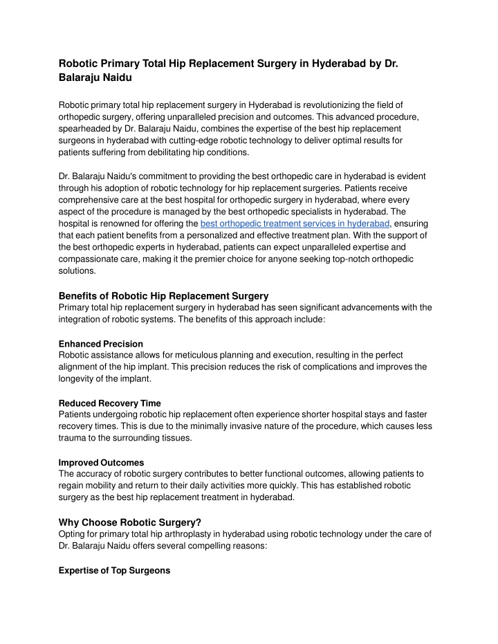 Robotic Primary Total Hip Replacement Surgery in Hyderabad by Dr