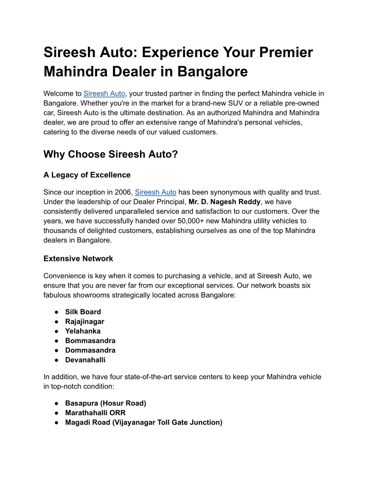 sireesh auto experience your premier mahindra n.w