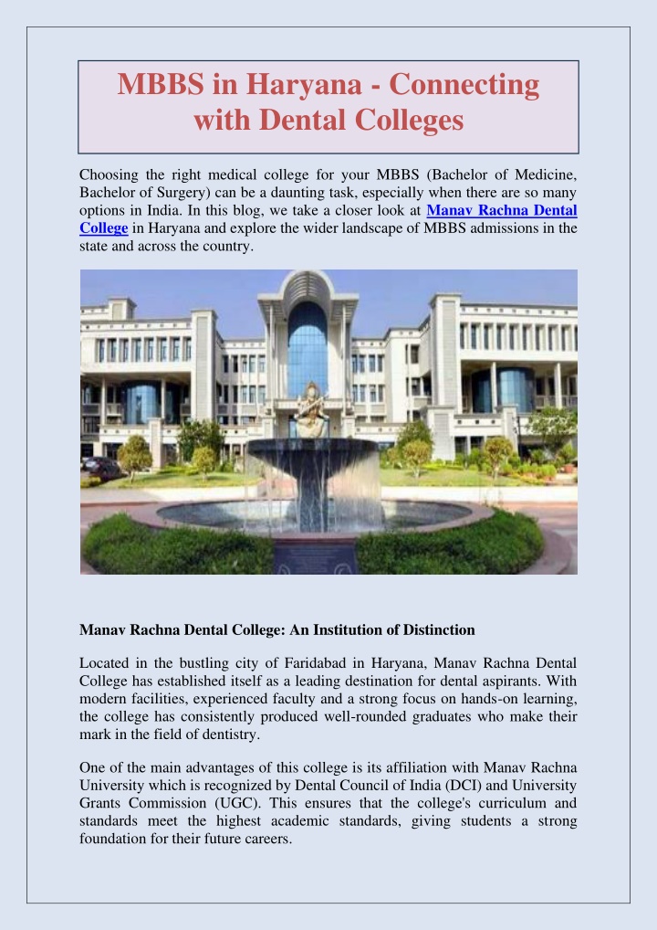 mbbs in haryana connecting with dental colleges n.w