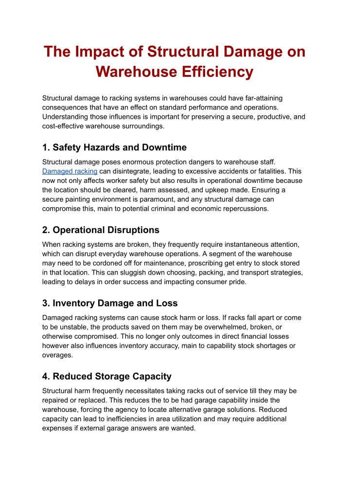 the impact of structural damage on warehouse n.w