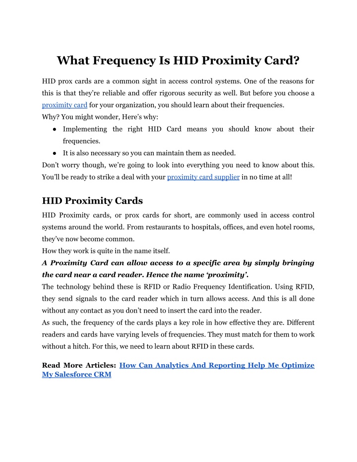 what frequency is hid proximity card n.w