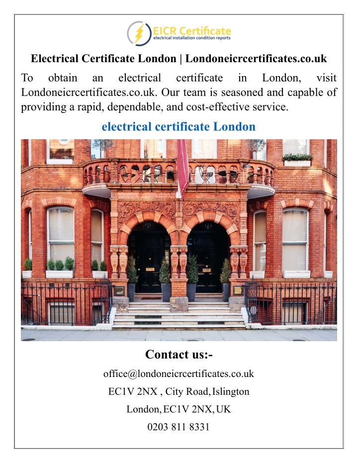 electrical certificate london n.w