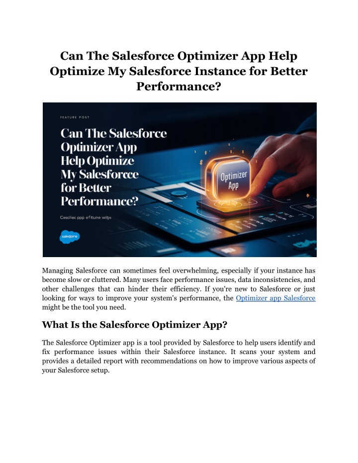 can the salesforce optimizer app help optimize n.w