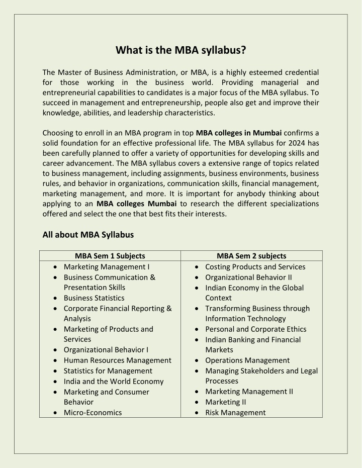 what is the mba syllabus n.w