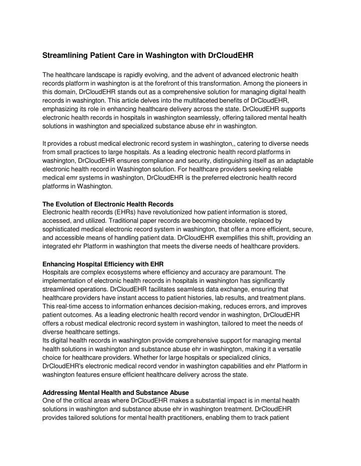 Streamlining Patient Care in Washington with DrCloudEHR
