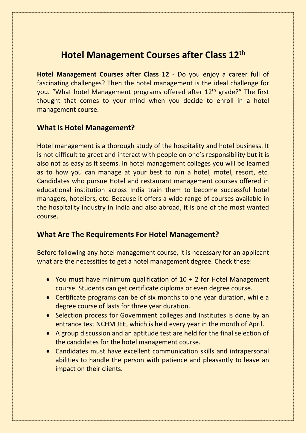 hotel management courses after class 12 th l.w