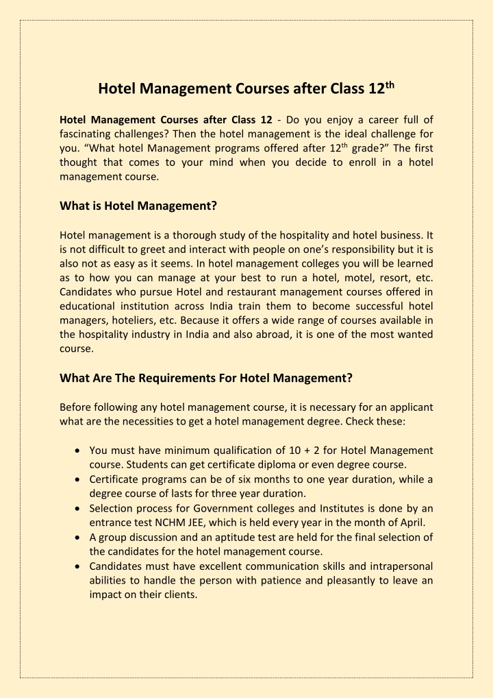 hotel management courses after class 12 th n.w