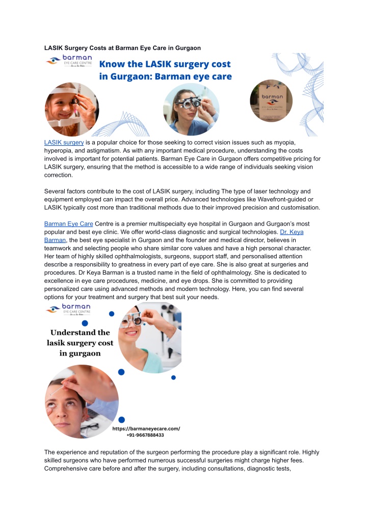 lasik surgery costs at barman eye care in gurgaon n.w