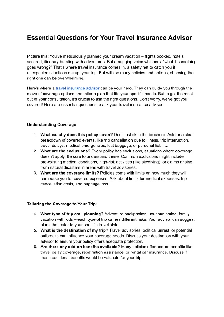 essential questions for your travel insurance n.w