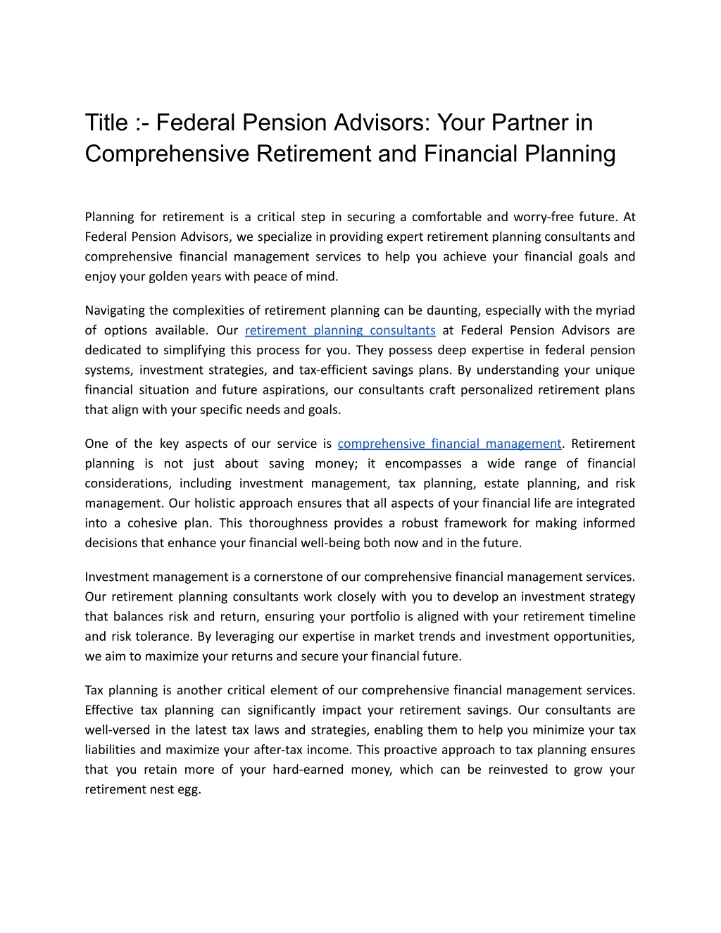 title federal pension advisors your partner l.w