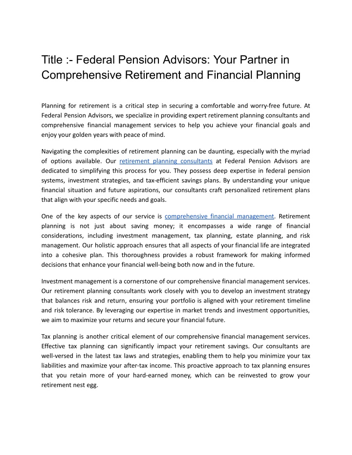 title federal pension advisors your partner n.w