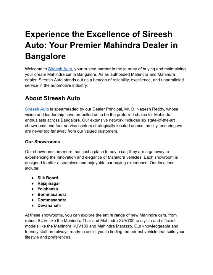 experience the excellence of sireesh auto your n.w