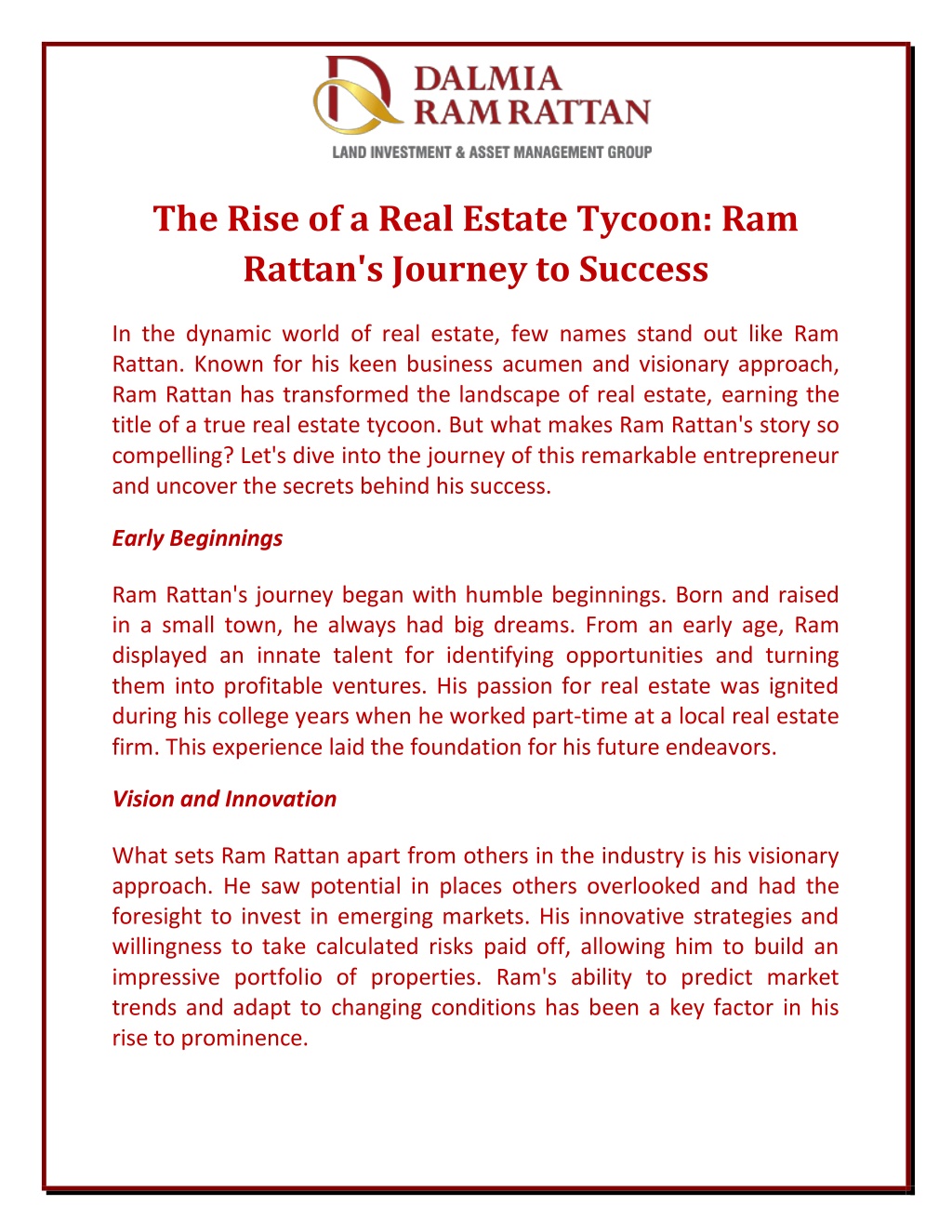 the rise of a real estate tycoon ram rattan l.w