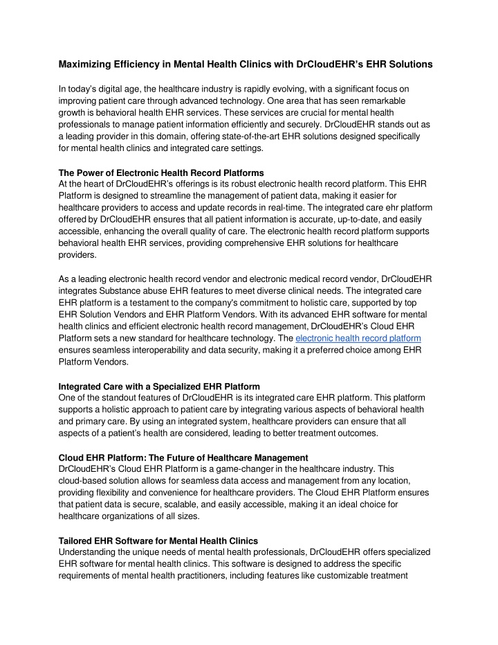 Maximizing Efficiency in Mental Health Clinics with DrCloudEHR’s EHR Solutions