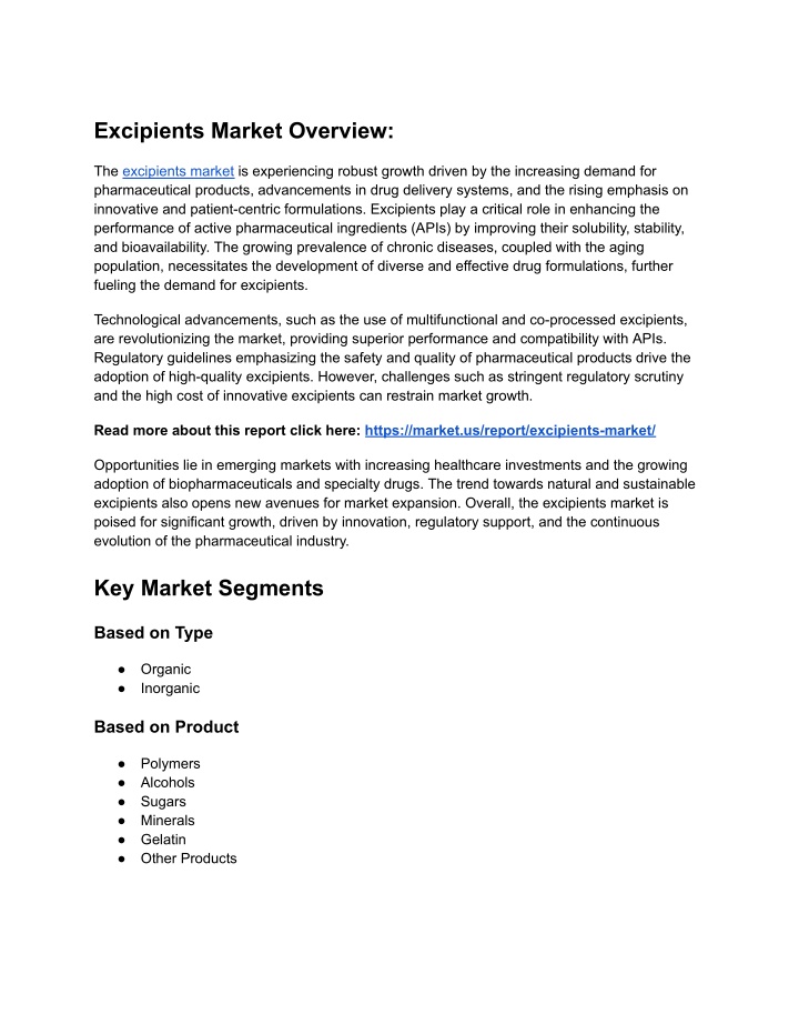 excipients market overview n.w