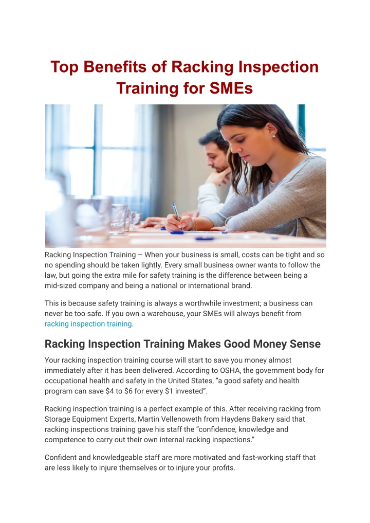 top benefits of racking inspection training n.w