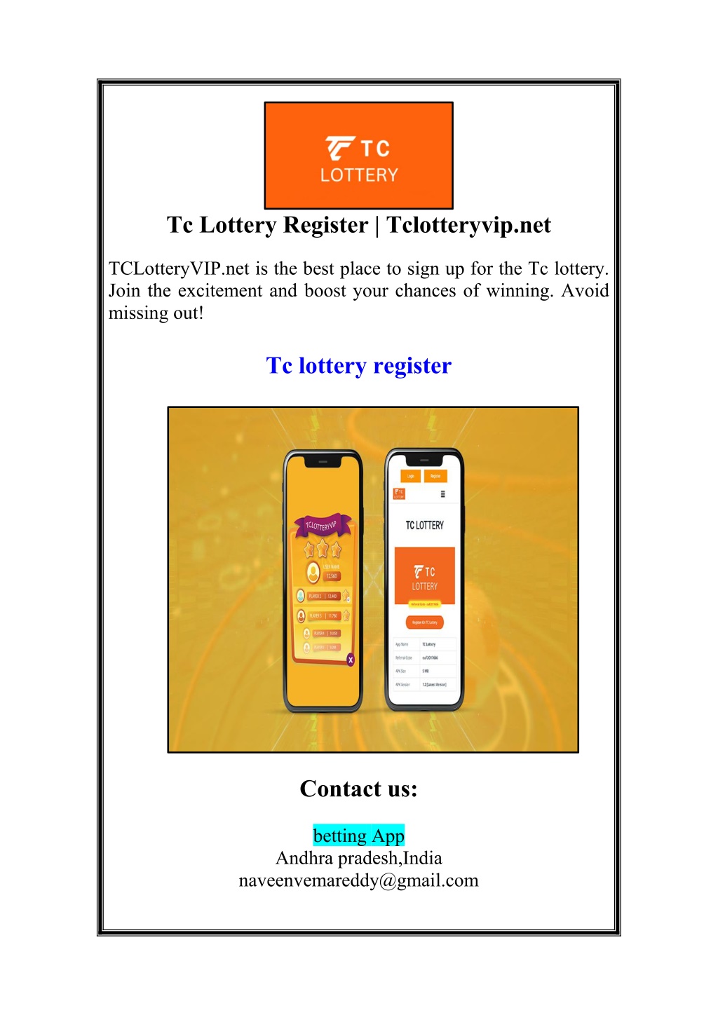 tc lottery register tclotteryvip net l.w