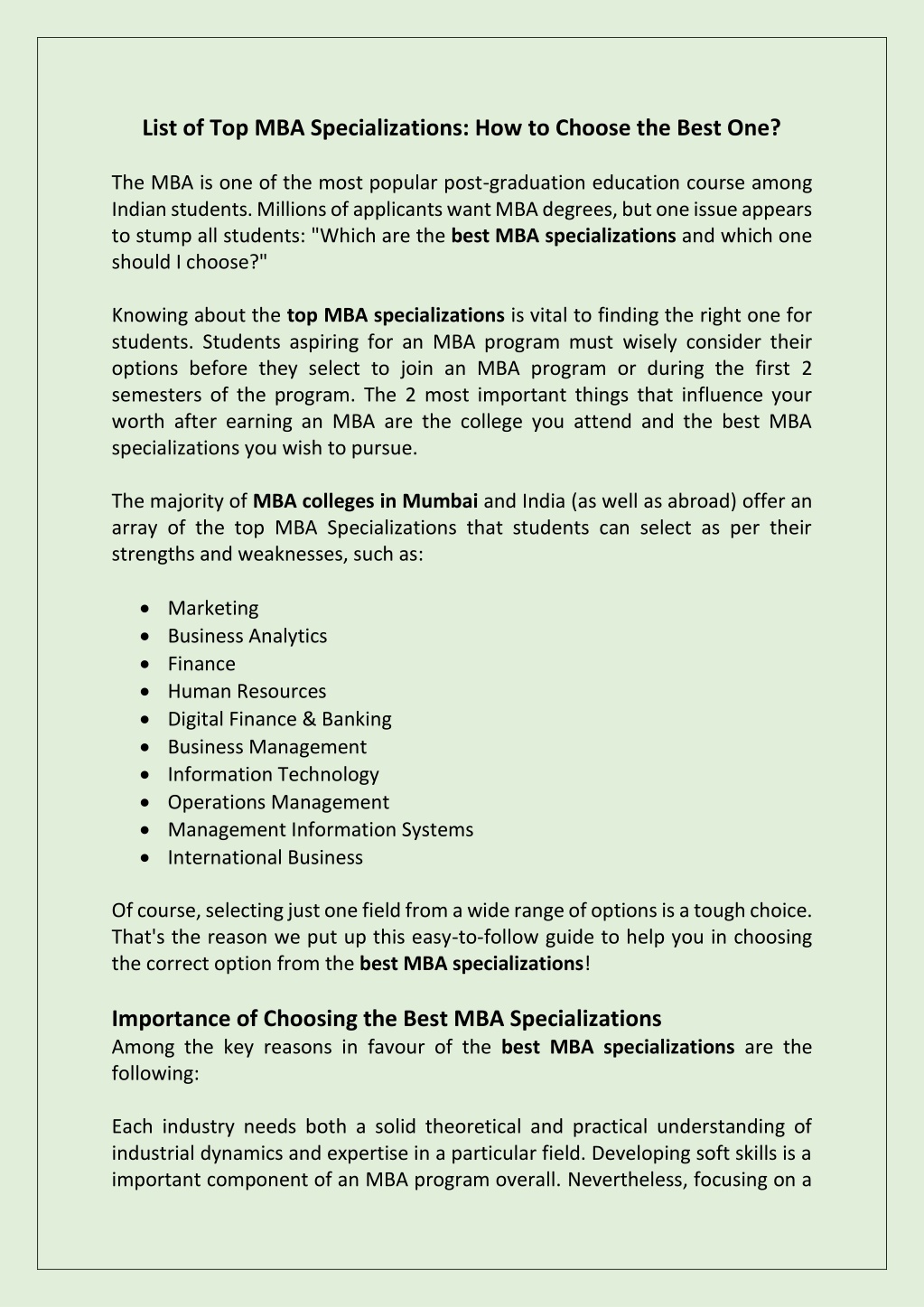 list of top mba specializations how to choose l.w