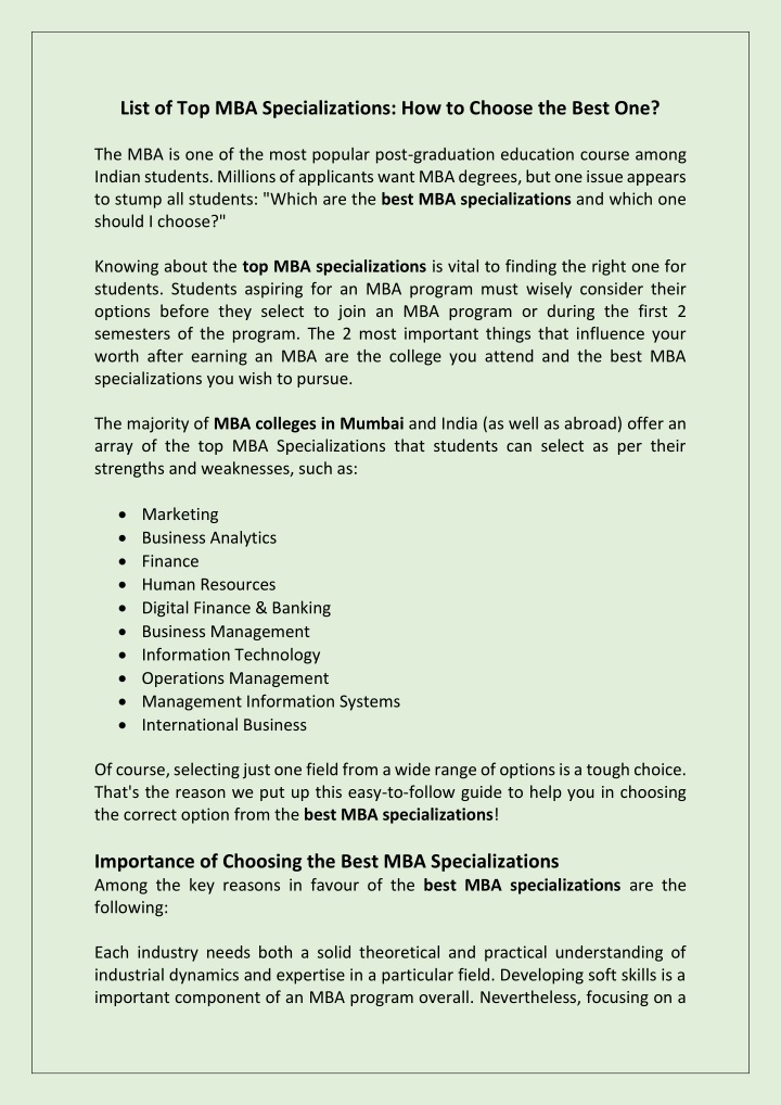 list of top mba specializations how to choose n.w