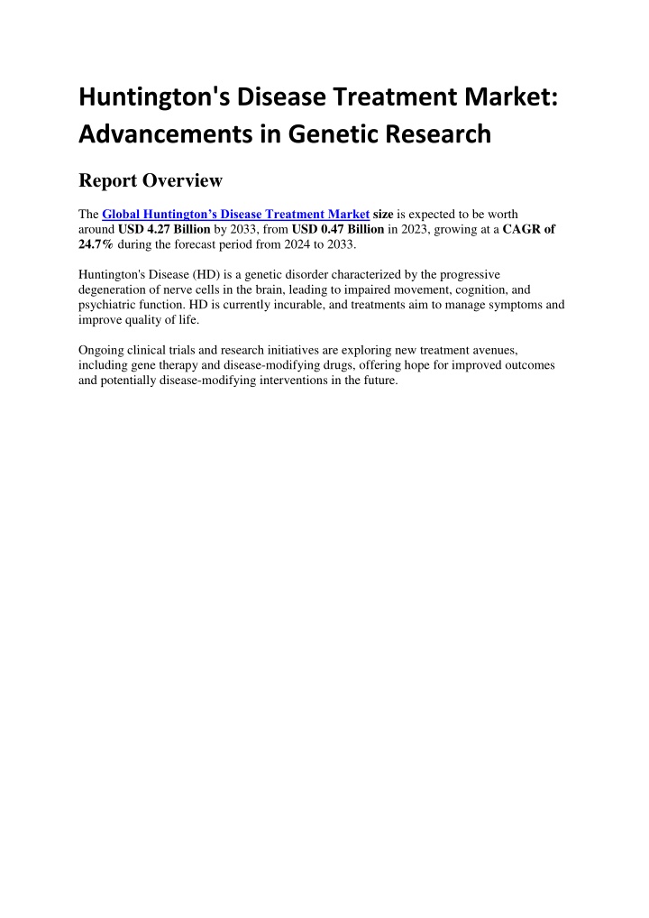 huntington s disease treatment market n.w