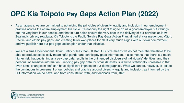 OPC Kia Toipoto Pay Gaps Action Plan 2022 Summary
