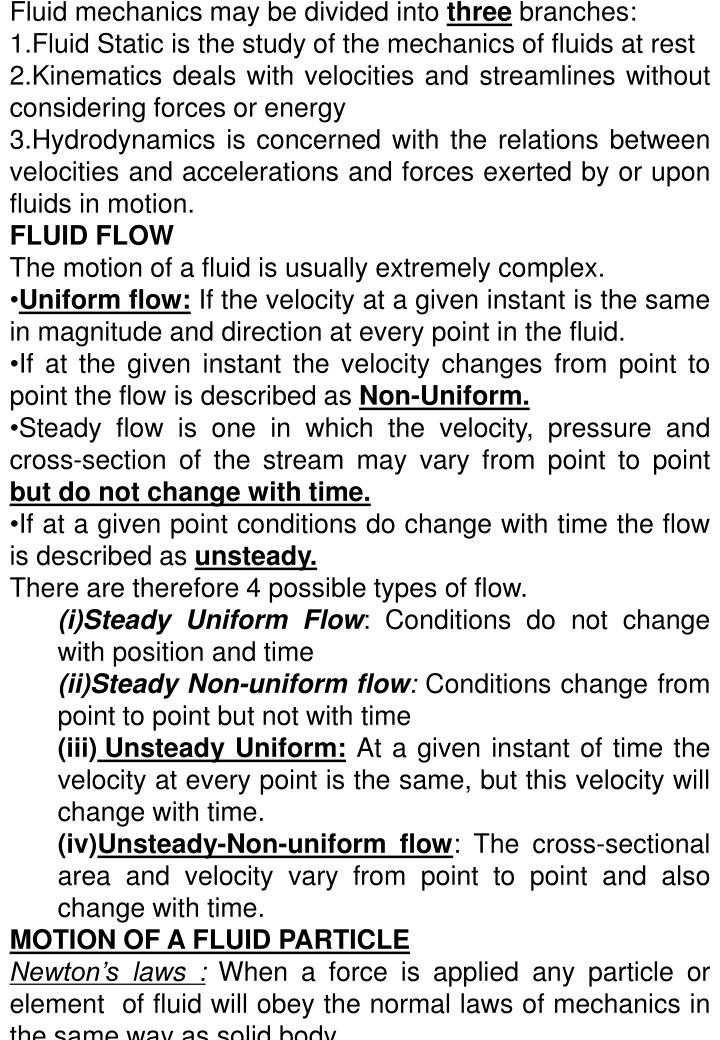 Overview of Fluid Mechanics: Branches, Flow Types, and Equations